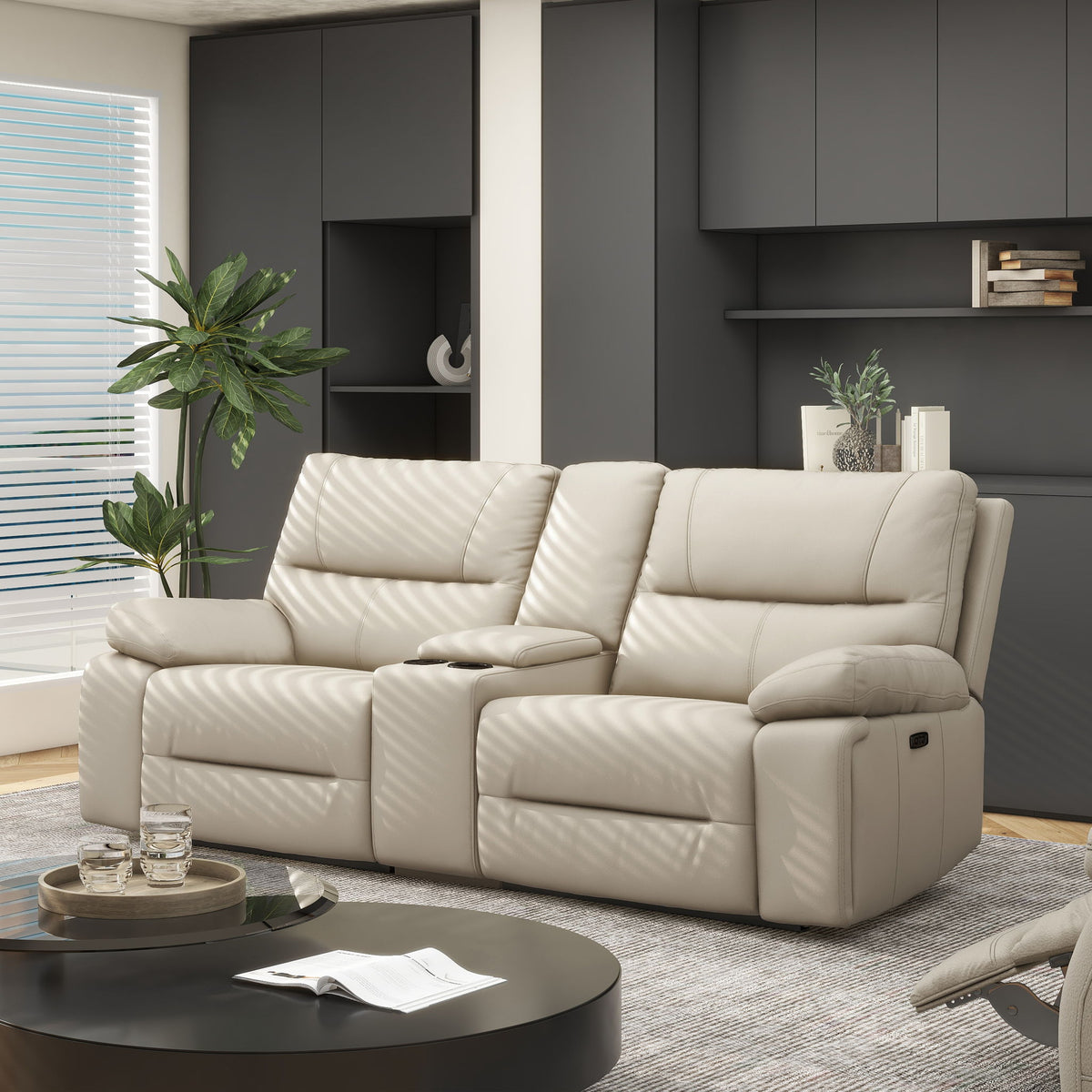 2-Seat Power Reclining Loveseat with Console & Cup Holders – Cream Taupe