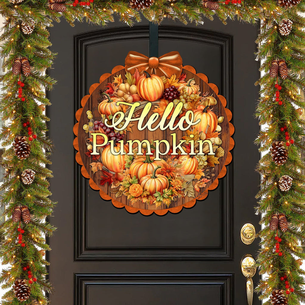Hello Pumpkin Front Door Welcome Sign, Wooden Front Porch Decor by G. Debrekht Thanksgiving Halloween Decor - 933120H