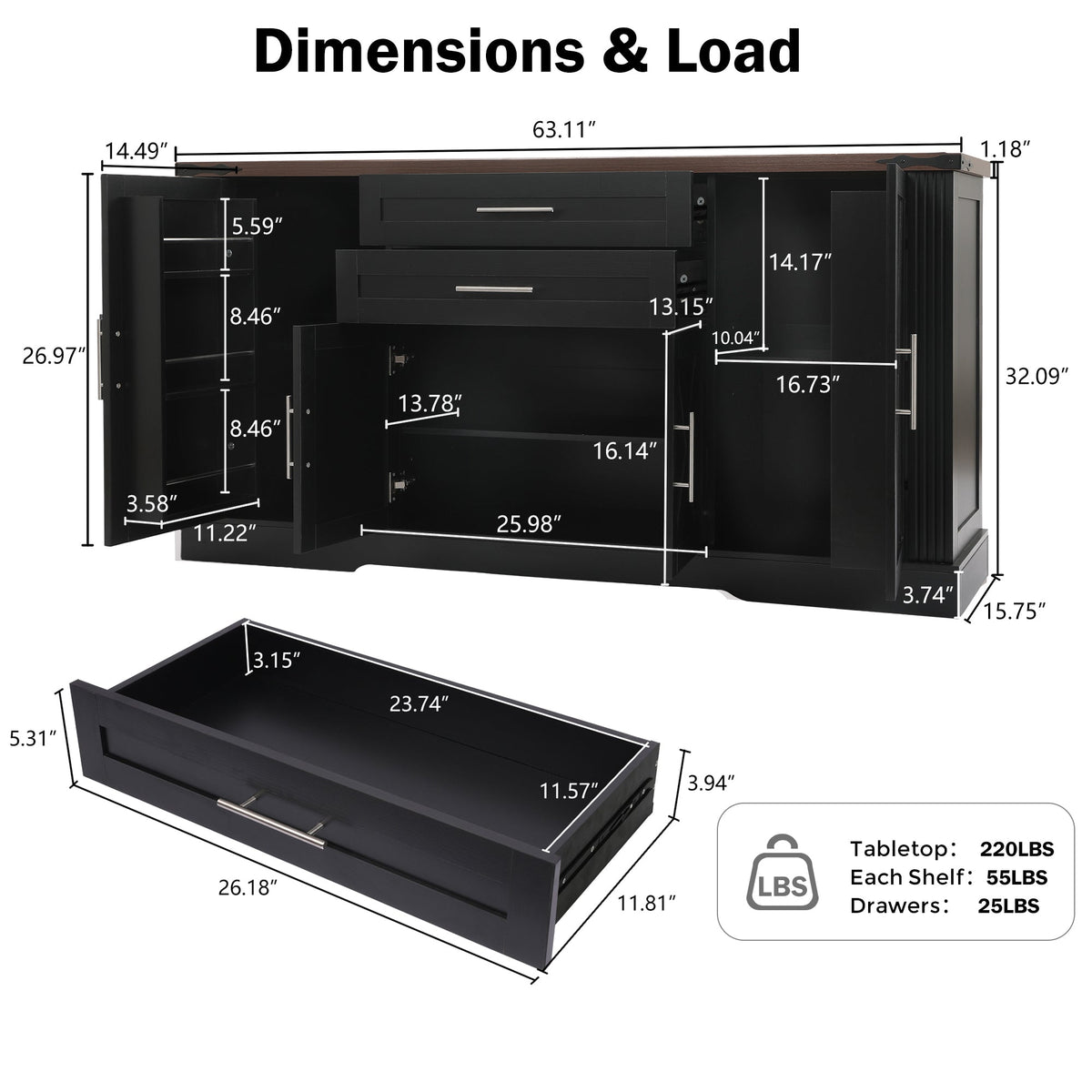 63-Inch Farmhouse Barn-Door Sideboard with Drawers