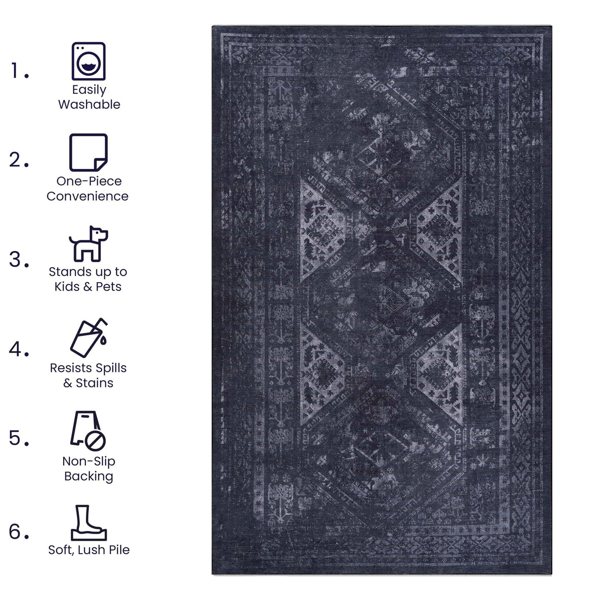 Washable Runner Rug – Beige, Dark Gray or Black