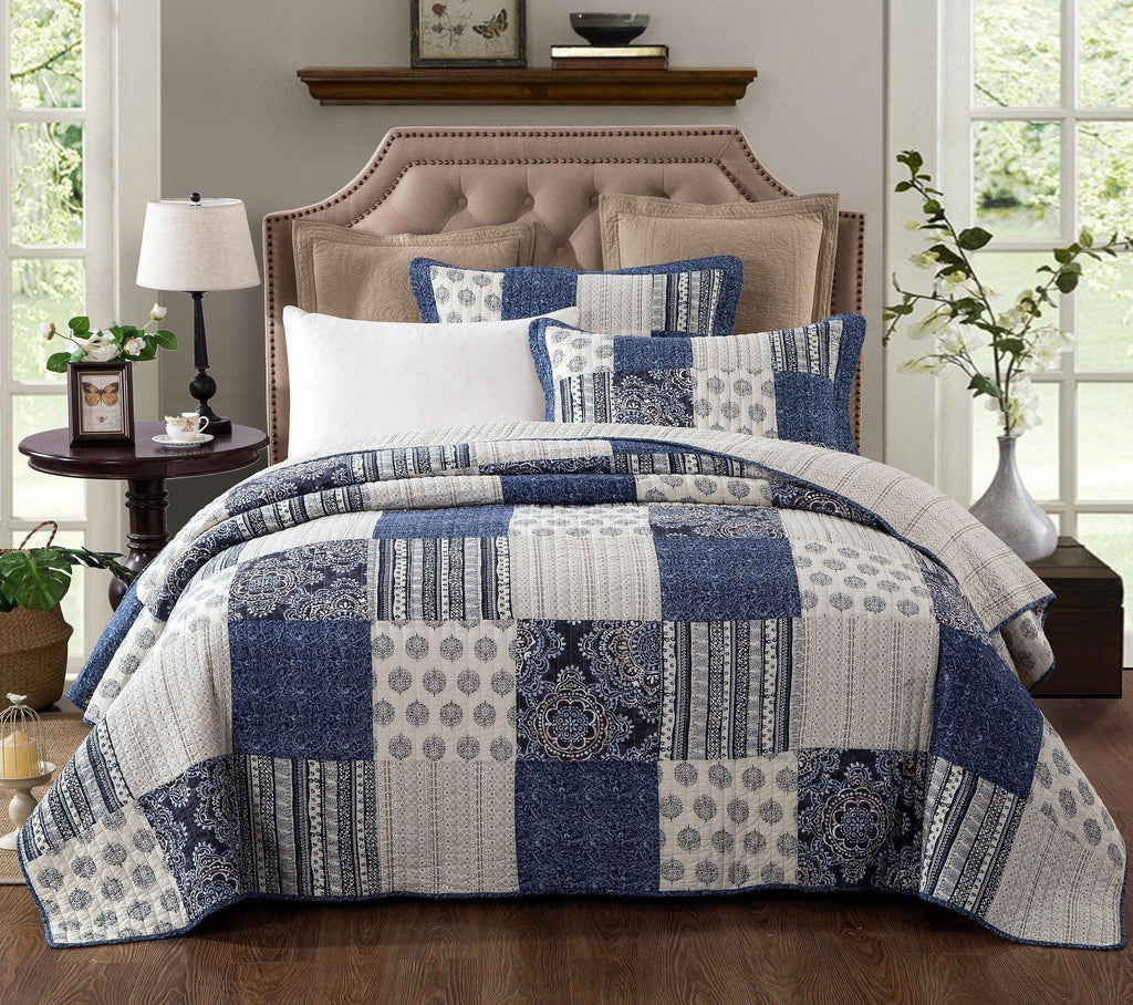 Denim Blue Patchwork Cotton Quilt Set – Queen