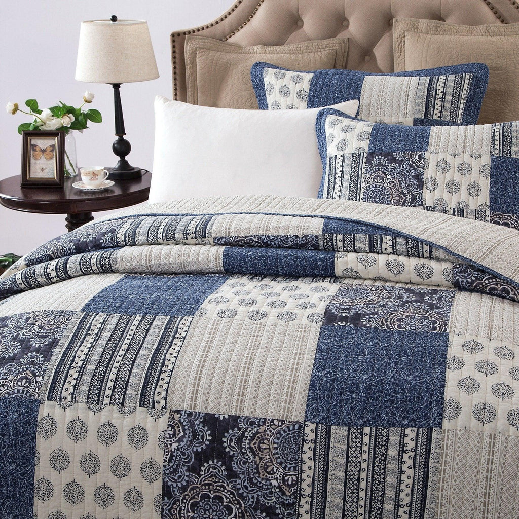 Denim Blue Patchwork Cotton Quilt Set – Queen