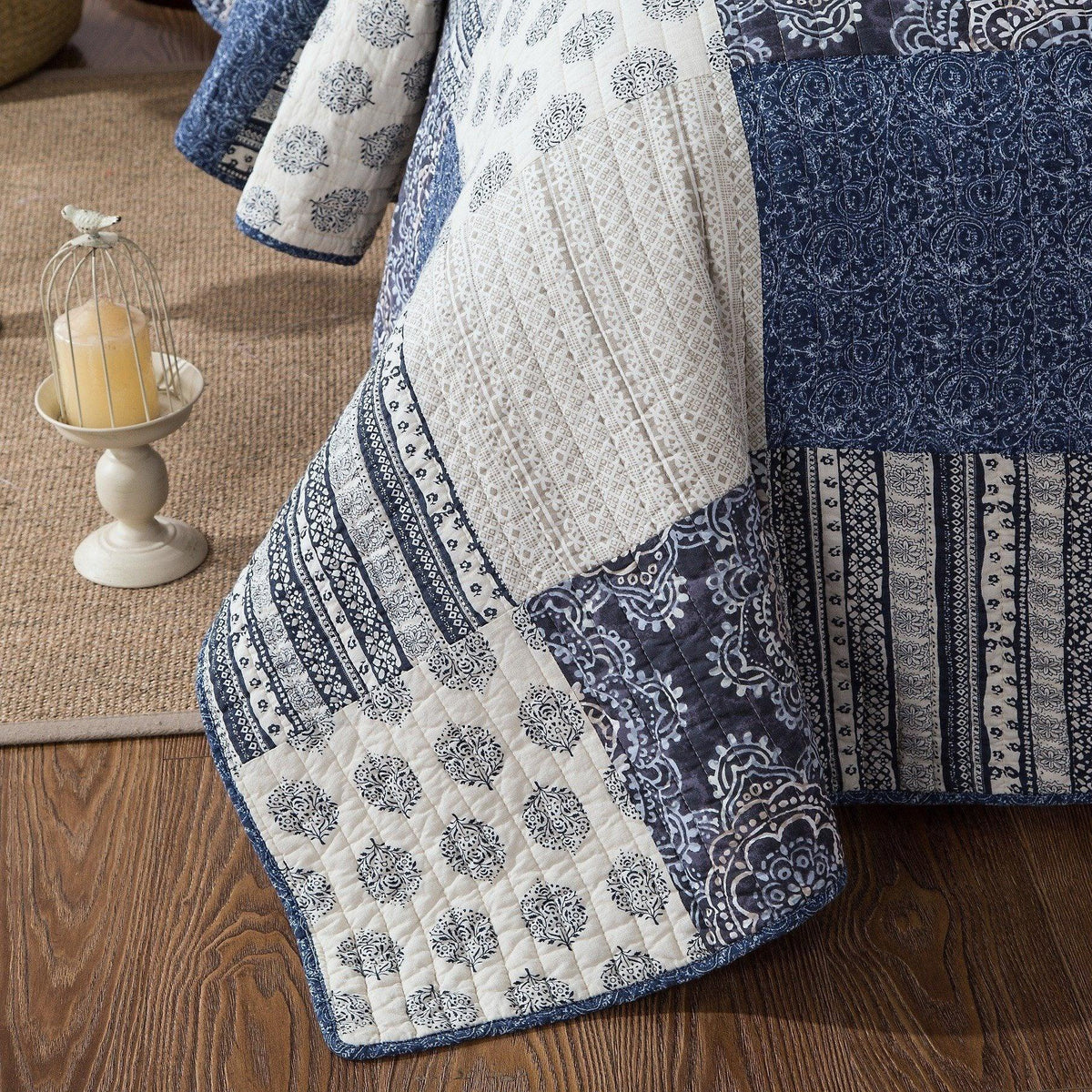 Denim Blue Patchwork Cotton Quilt Set – Queen