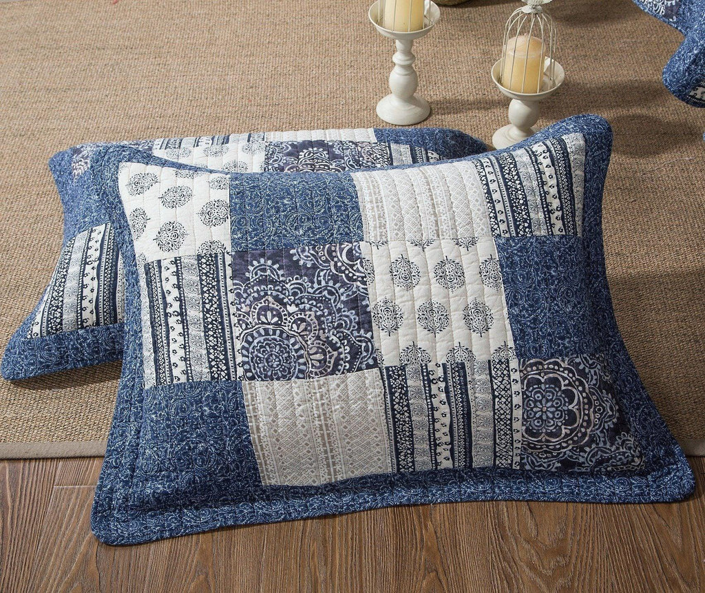 Denim Blue Patchwork Cotton Quilt Set – Queen