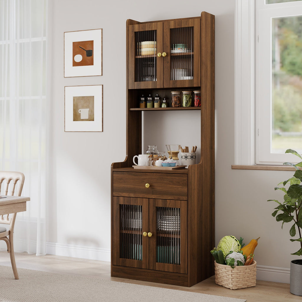 Farmhouse Kitchen Pantry Hutch with Microwave Stand – White