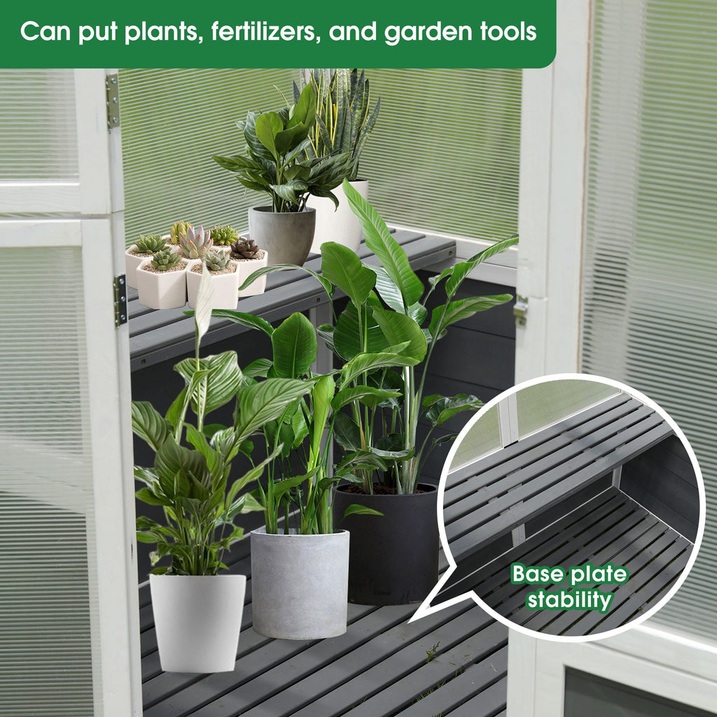 Wooden Walk-In Greenhouse with Polycarbonate Panels – White / Gray