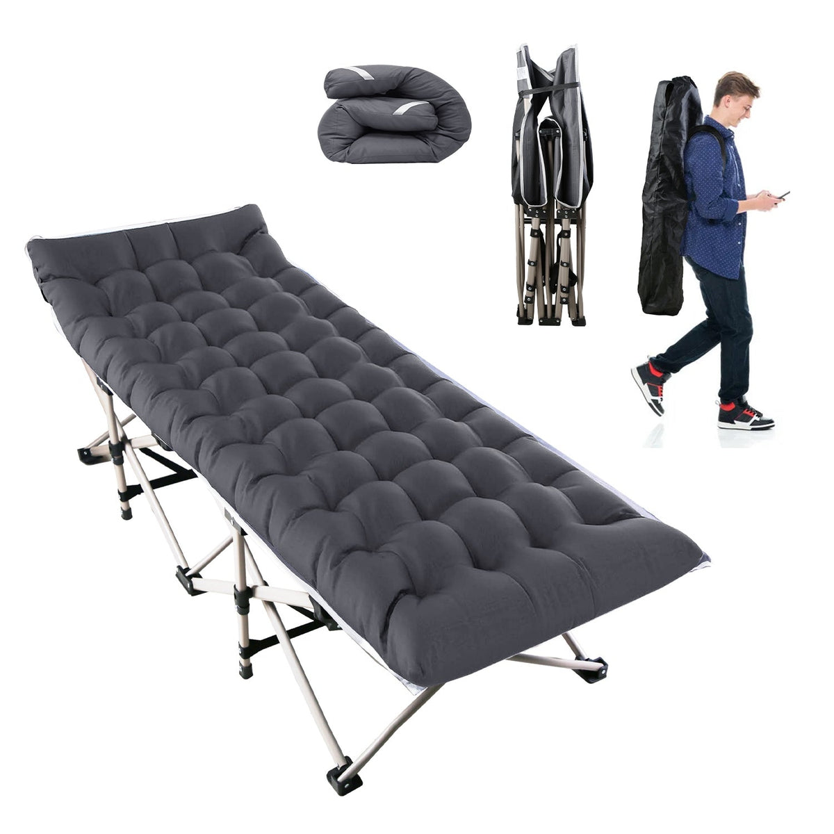 Folding Camping Cot Portable Sleeping Camping Bed Collapsible Travel Camp Cots Guest Bed Cot with 2-Sided Soft Pad 440LBS Max Load