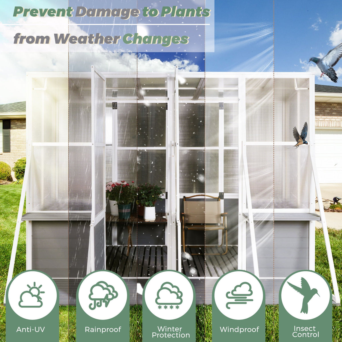 Wooden Lean-To Walk-In Greenhouse – White / Gray