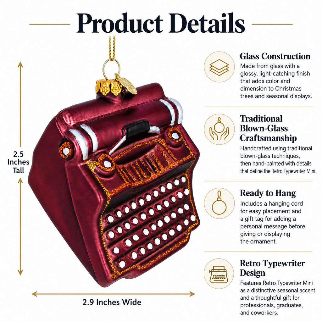 Retro Typewriter Mini Glass Christmas Ornament