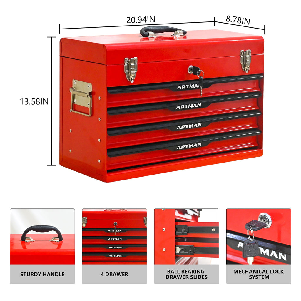 20-Inch Steel Tool Box with Drawers – Portable Storage, Red
