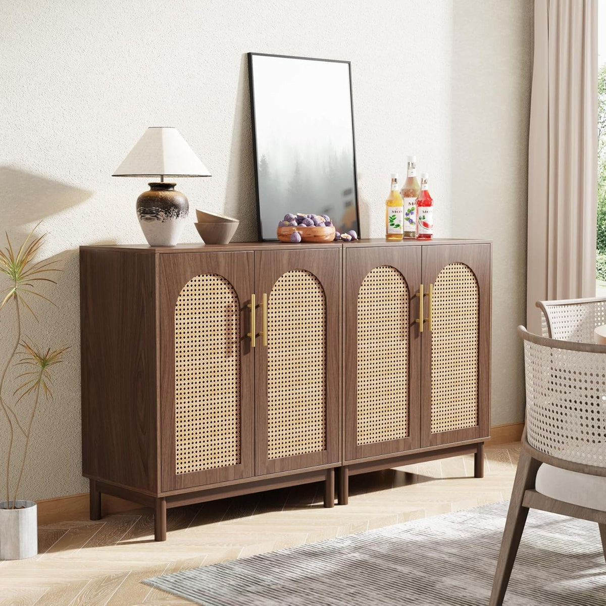 Rattan-Door Sideboard Buffet Cabinets – Set of 2