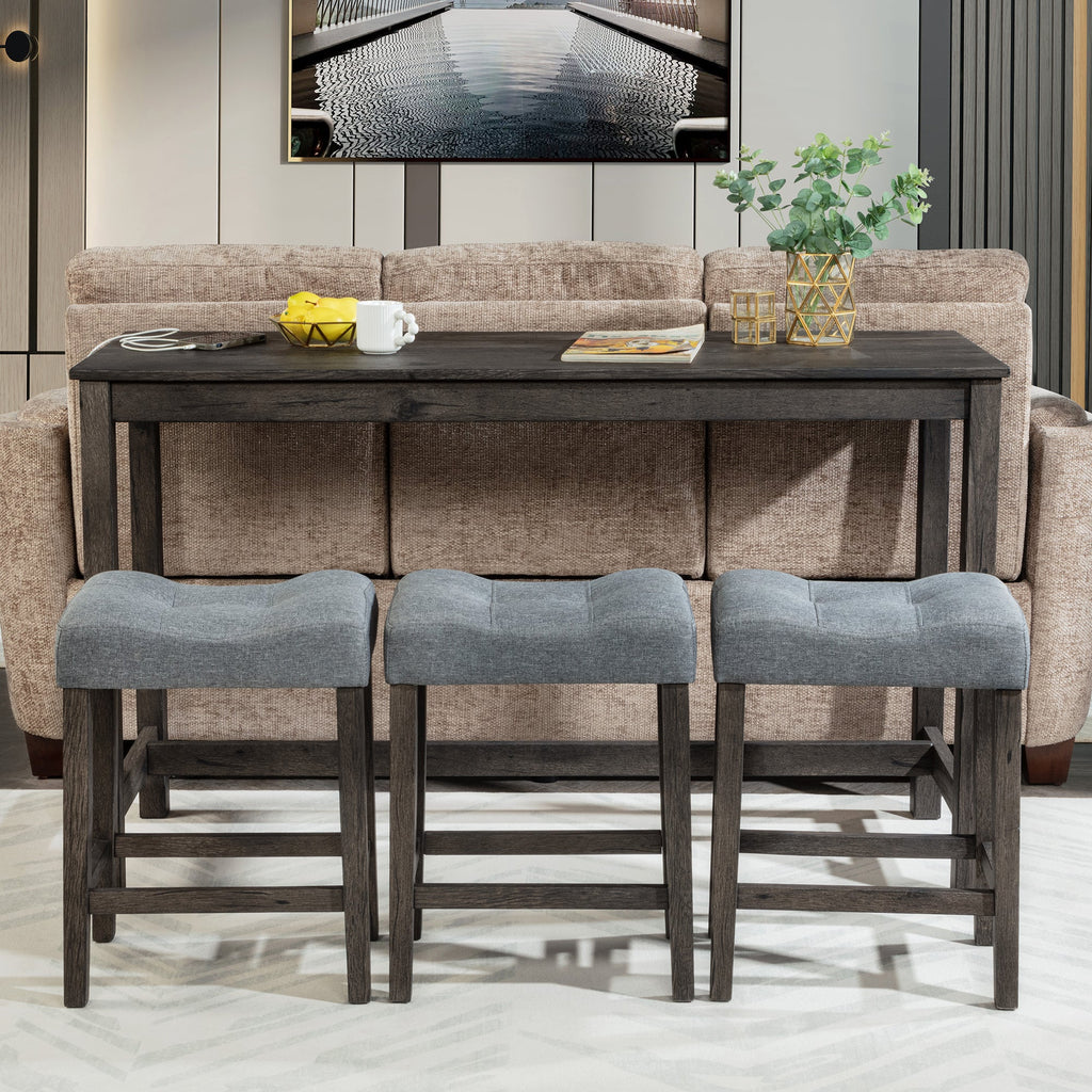4-Piece Bar Table Set with Power Outlet & 3 Padded Stools – Dark Gray