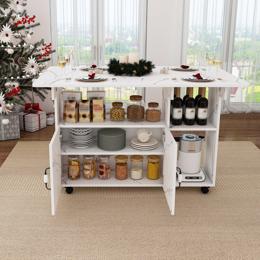 White Folding Kitchen Island with Storage Shelves and Wheels