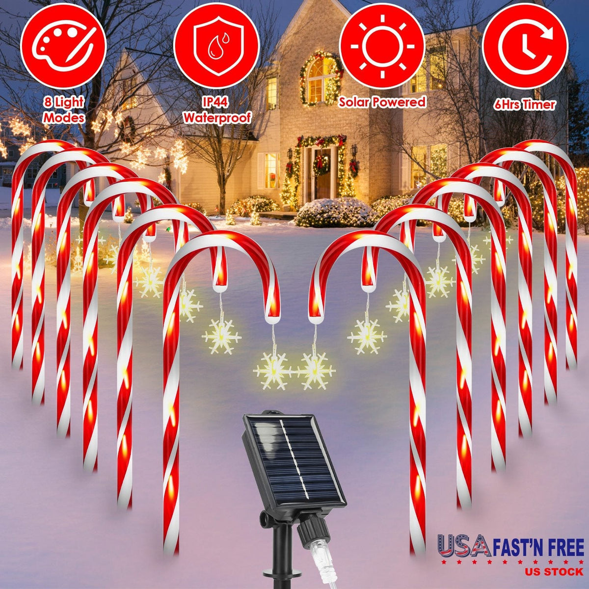 Solar Christmas Candy Cane Lights with 12 Candies 72LEDs Outdoor Christmas Decorations IP44 Waterproof Flickering Pathway Markers String Lights with 8