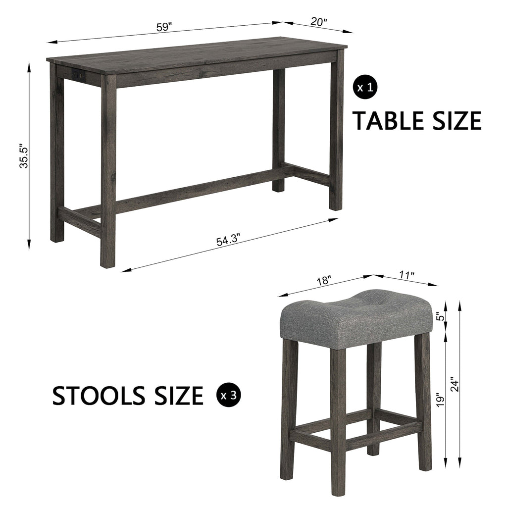 4-Piece Bar Table Set with Power Outlet & 3 Padded Stools – Dark Gray