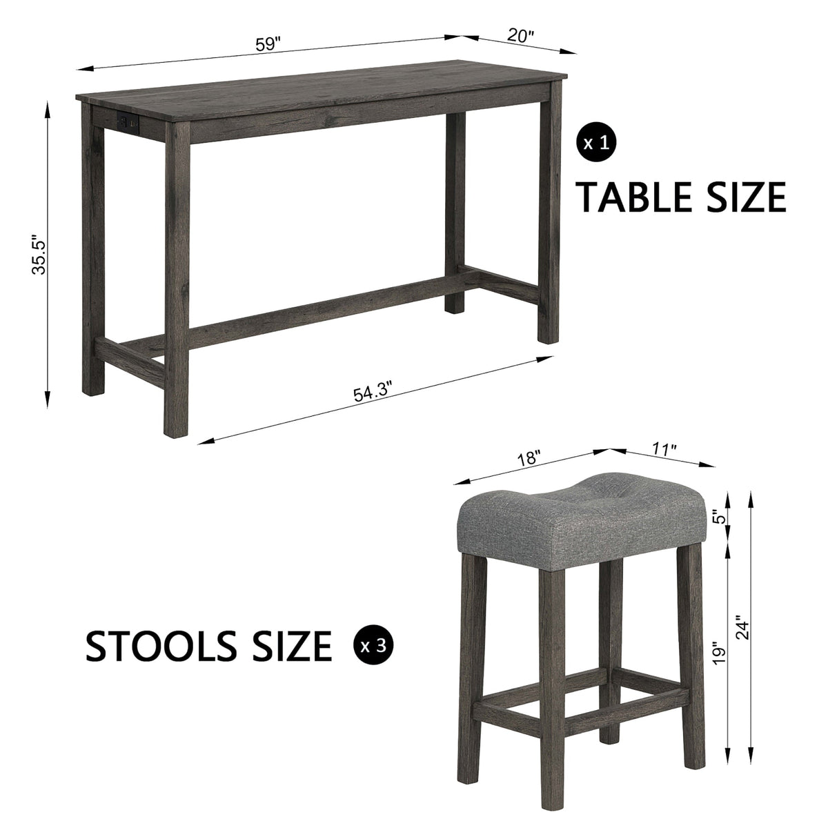 4-Piece Bar Table Set with Power Outlet & 3 Padded Stools – Dark Gray