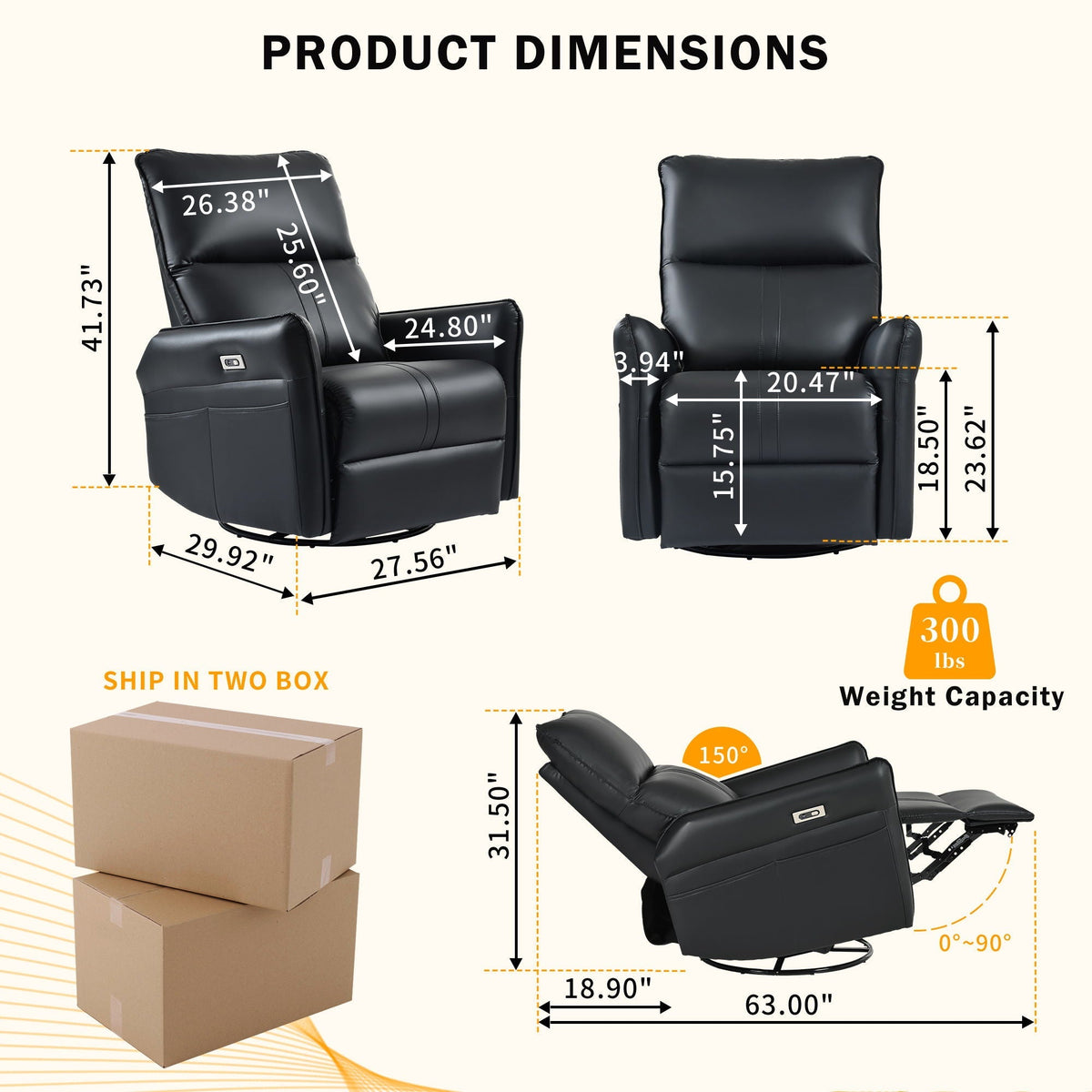 270° Power Swivel Rocker Glider Recliner with USB Ports – Black