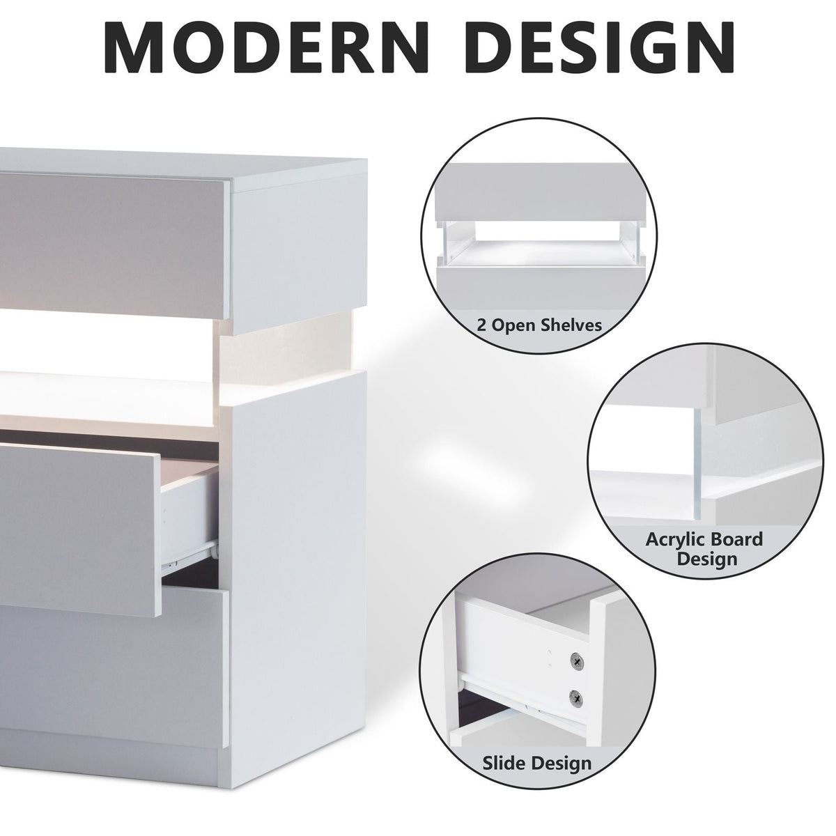 White 3-Drawer LED Nightstand with RGB Lighting