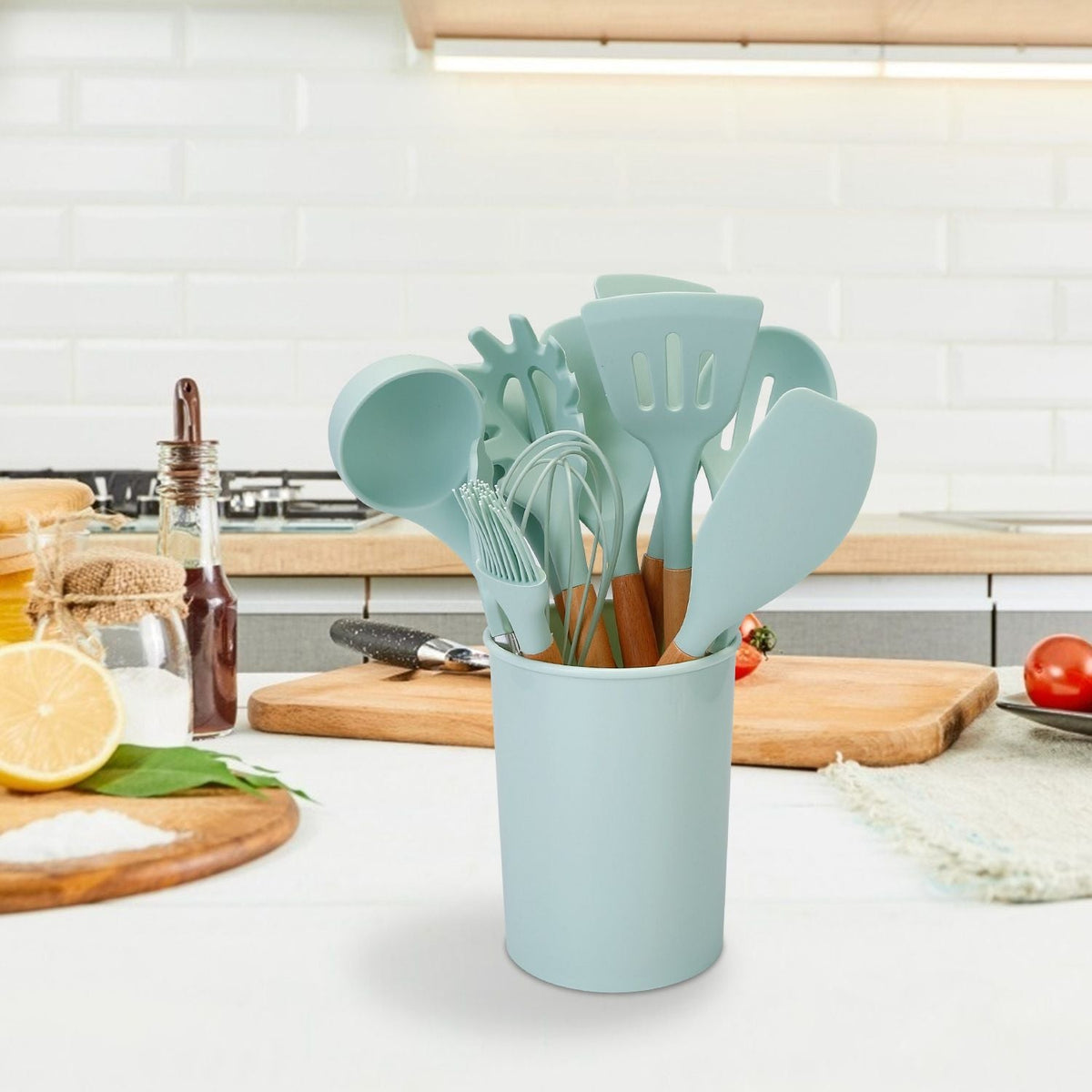 11-Piece Silicone Cooking Utensil Set with Wooden Handles