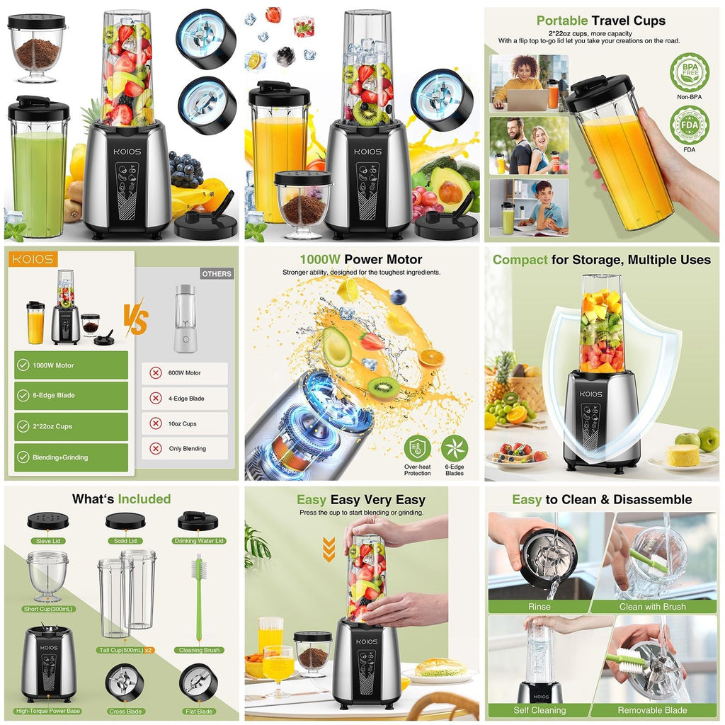 KOIOS 1000W Personal Blender & Grinder Set