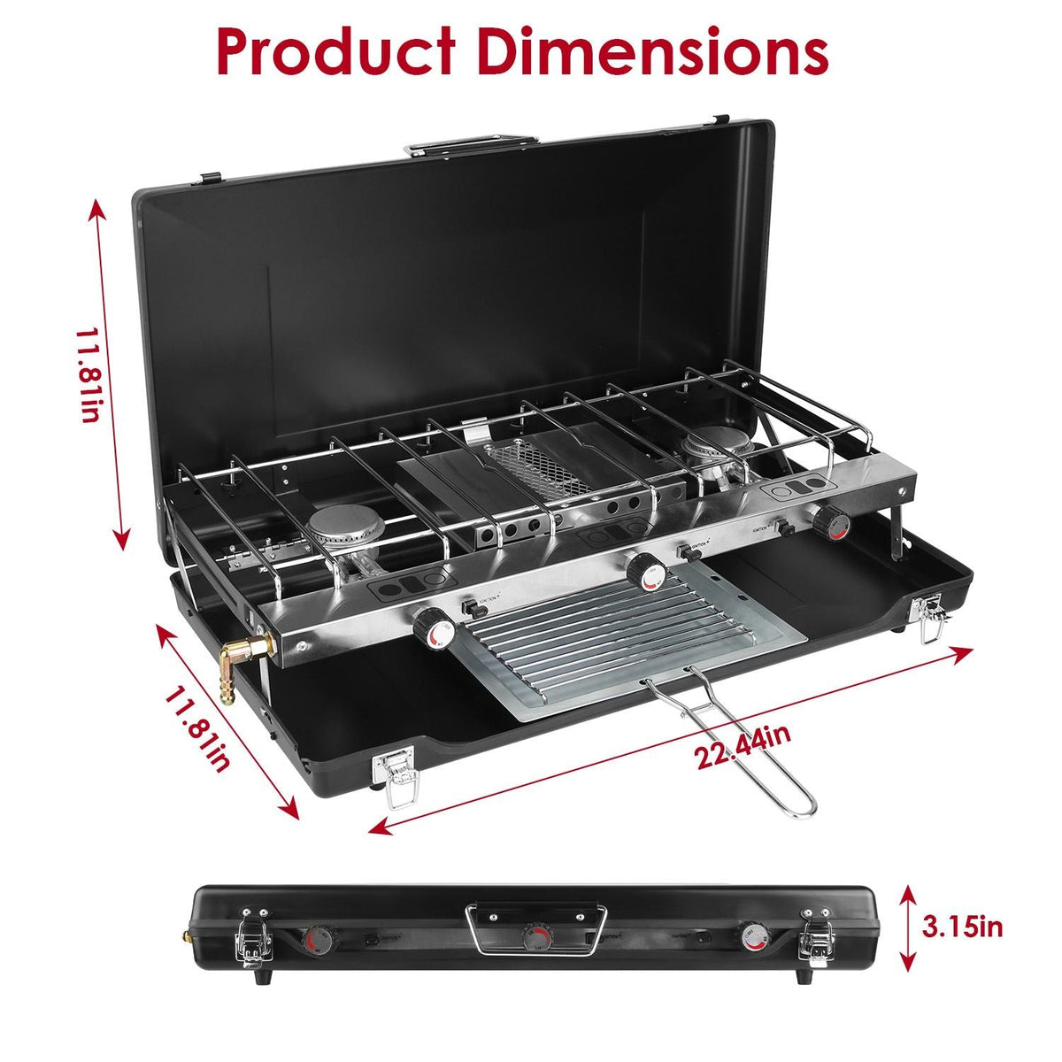 3-Burner Portable Propane Camping Stove with Windshield