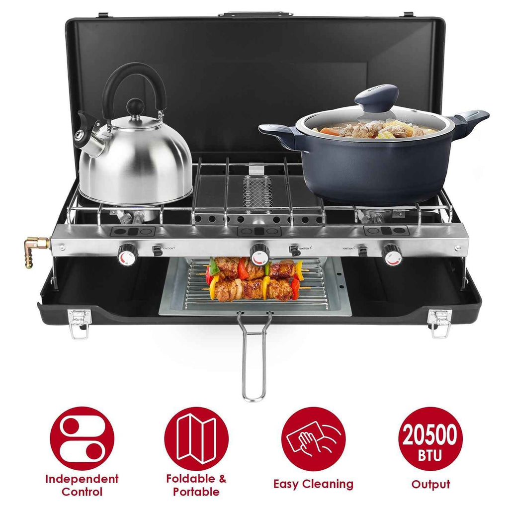 3-Burner Portable Propane Camping Stove with Windshield