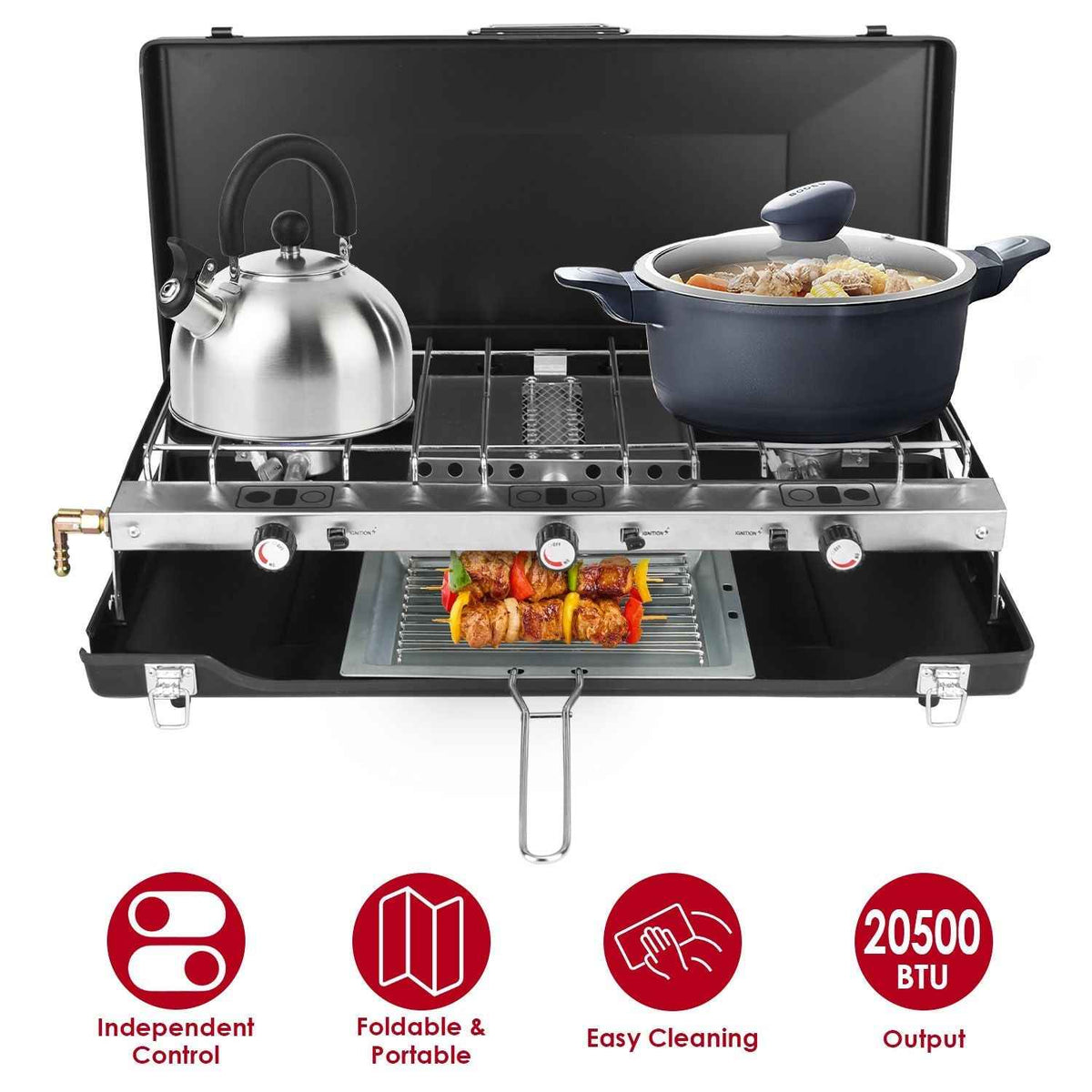 3-Burner Portable Propane Camping Stove with Windshield
