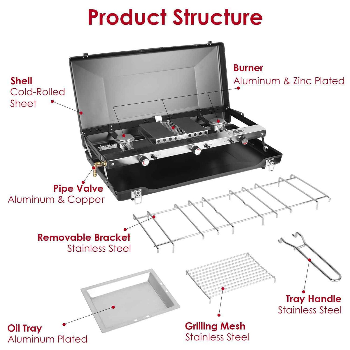 3-Burner Portable Propane Camping Stove with Windshield