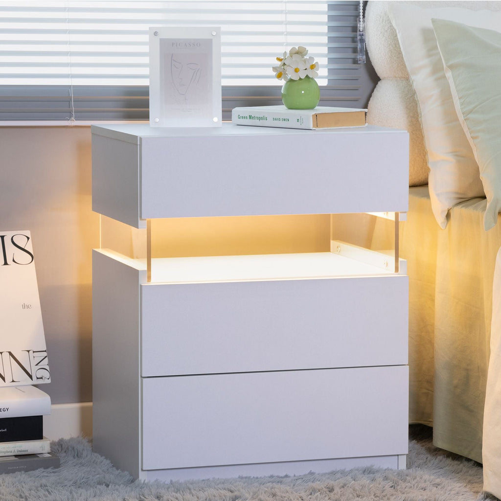White 3-Drawer LED Nightstand with RGB Lighting