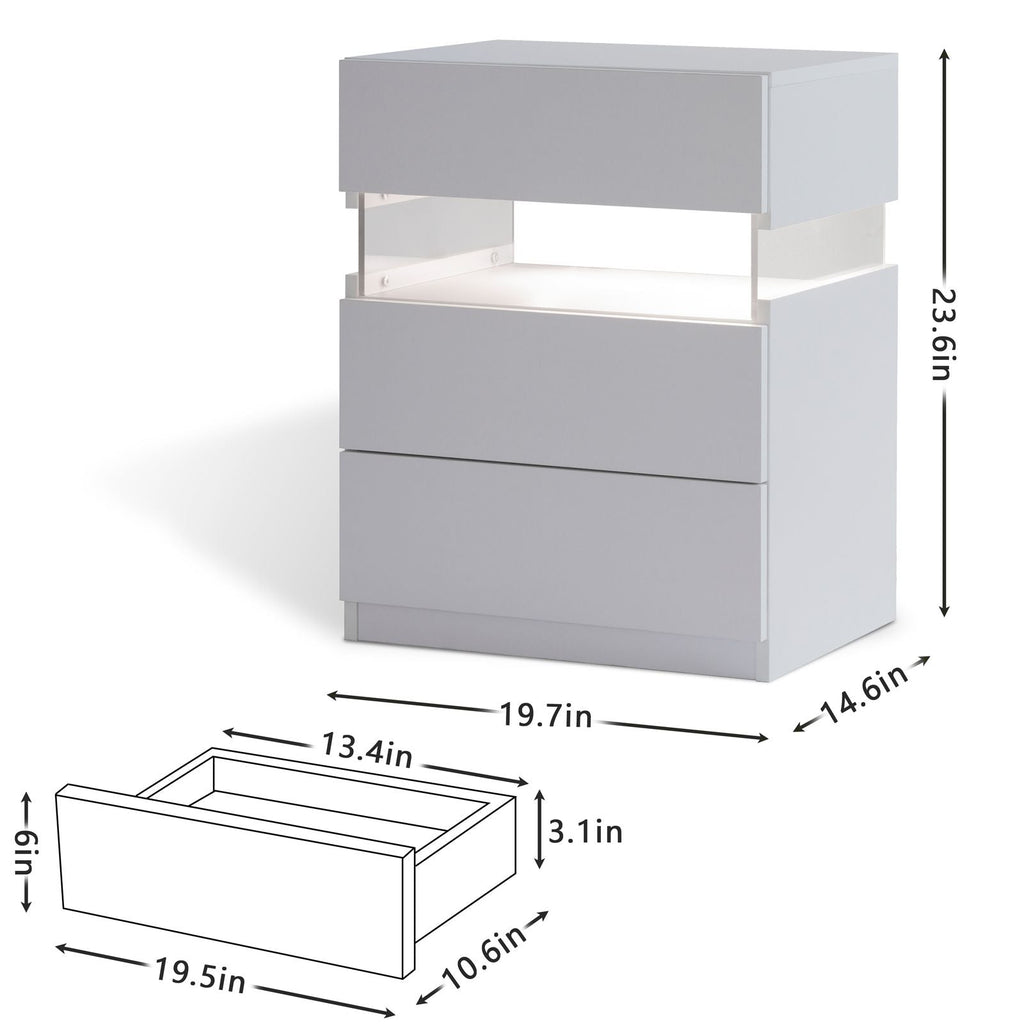 White 3-Drawer LED Nightstand with RGB Lighting