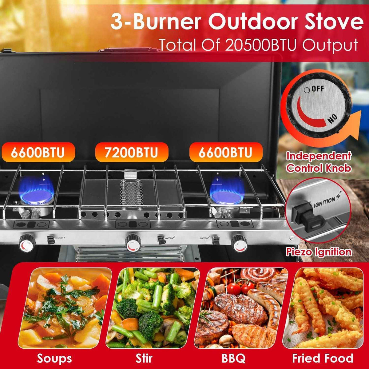 3-Burner Portable Propane Camping Stove with Windshield