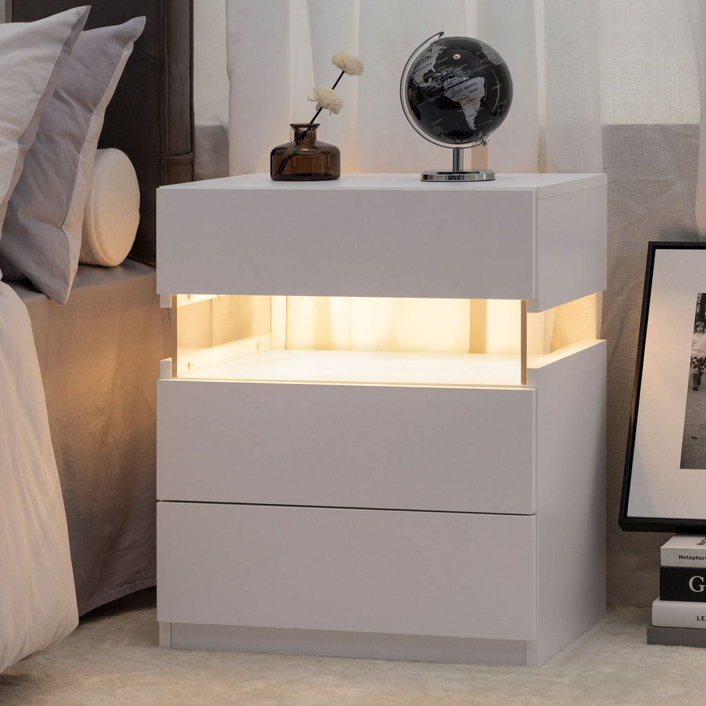 White 3-Drawer LED Nightstand with RGB Lighting