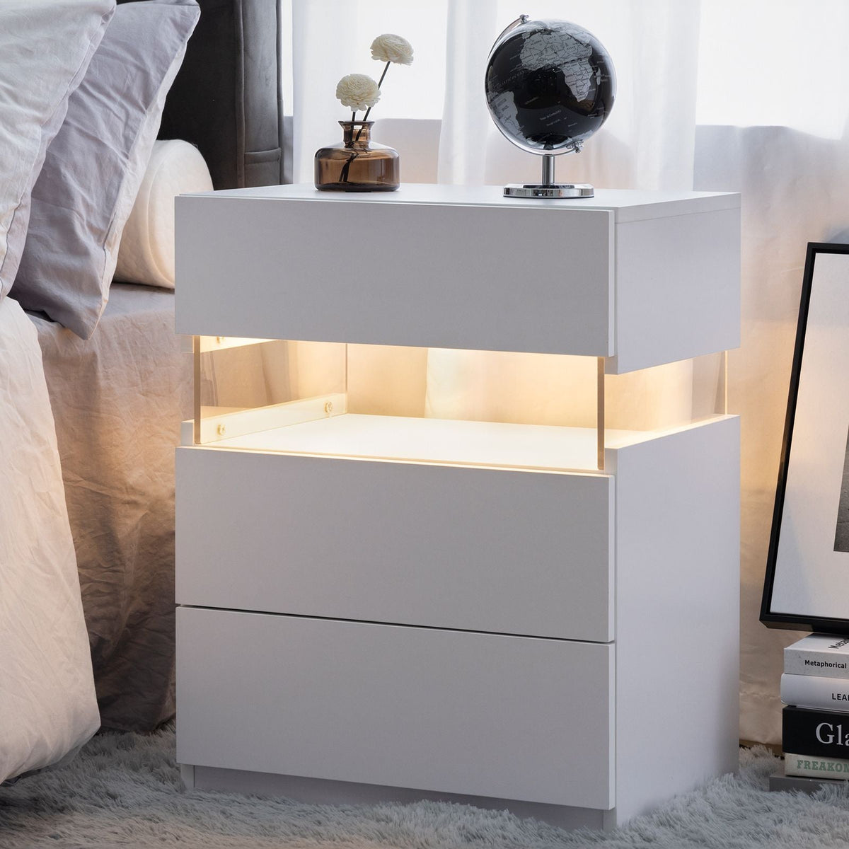 White 3-Drawer LED Nightstand with RGB Lighting