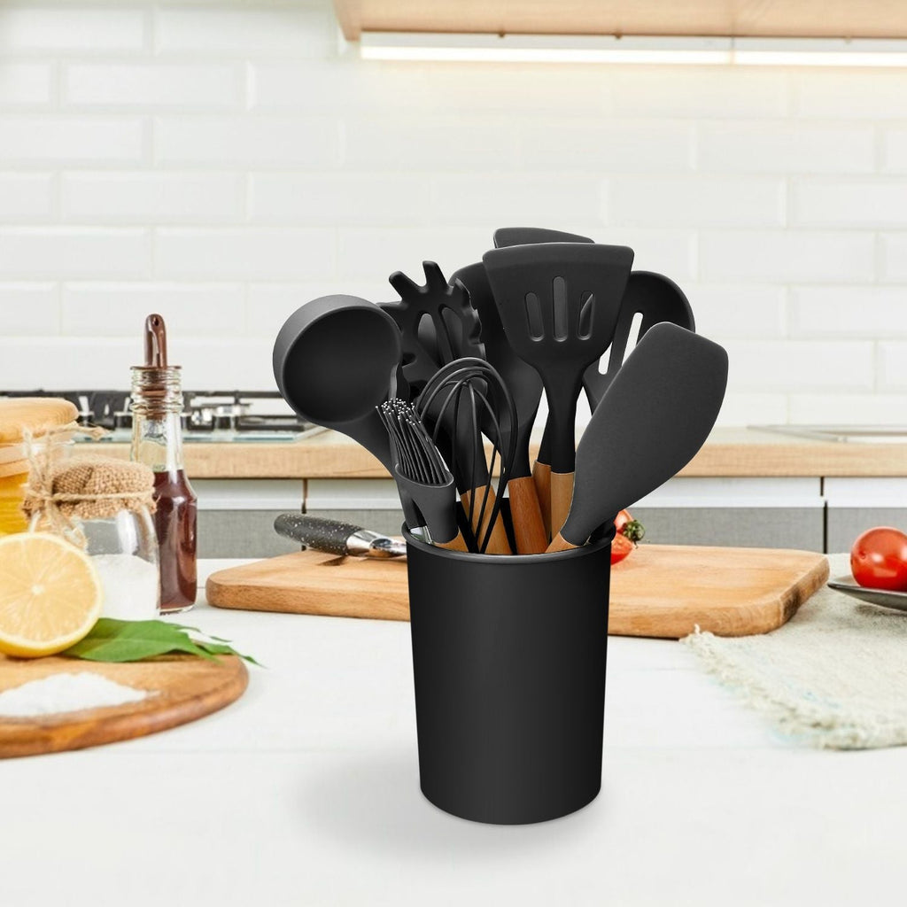 11-Piece Silicone Cooking Utensil Set with Wooden Handles