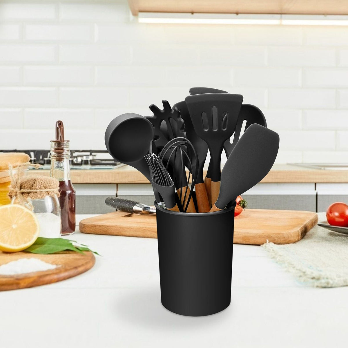 11-Piece Silicone Cooking Utensil Set with Wooden Handles