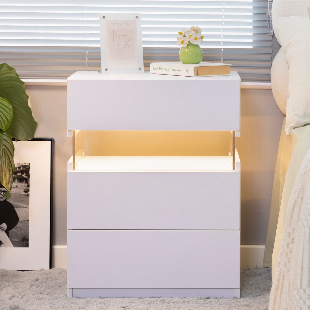 White 3-Drawer LED Nightstand with RGB Lighting
