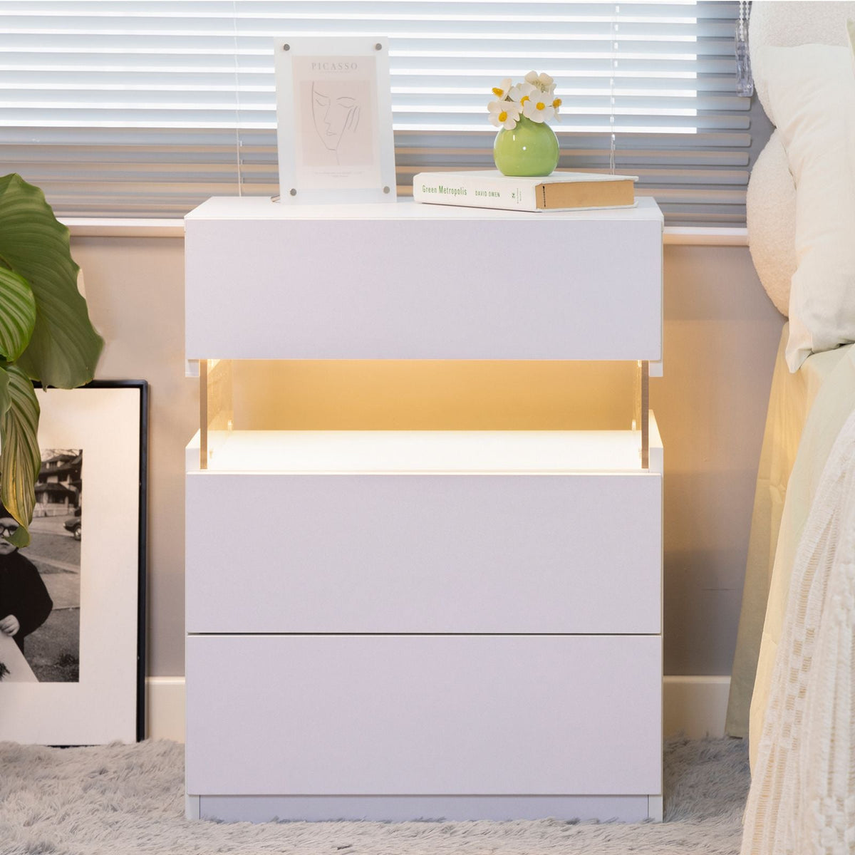 White 3-Drawer LED Nightstand with RGB Lighting