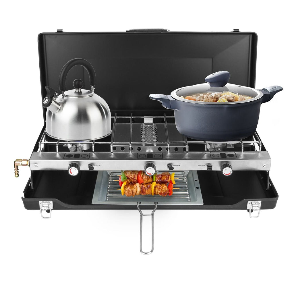 3-Burner Portable Propane Camping Stove with Windshield