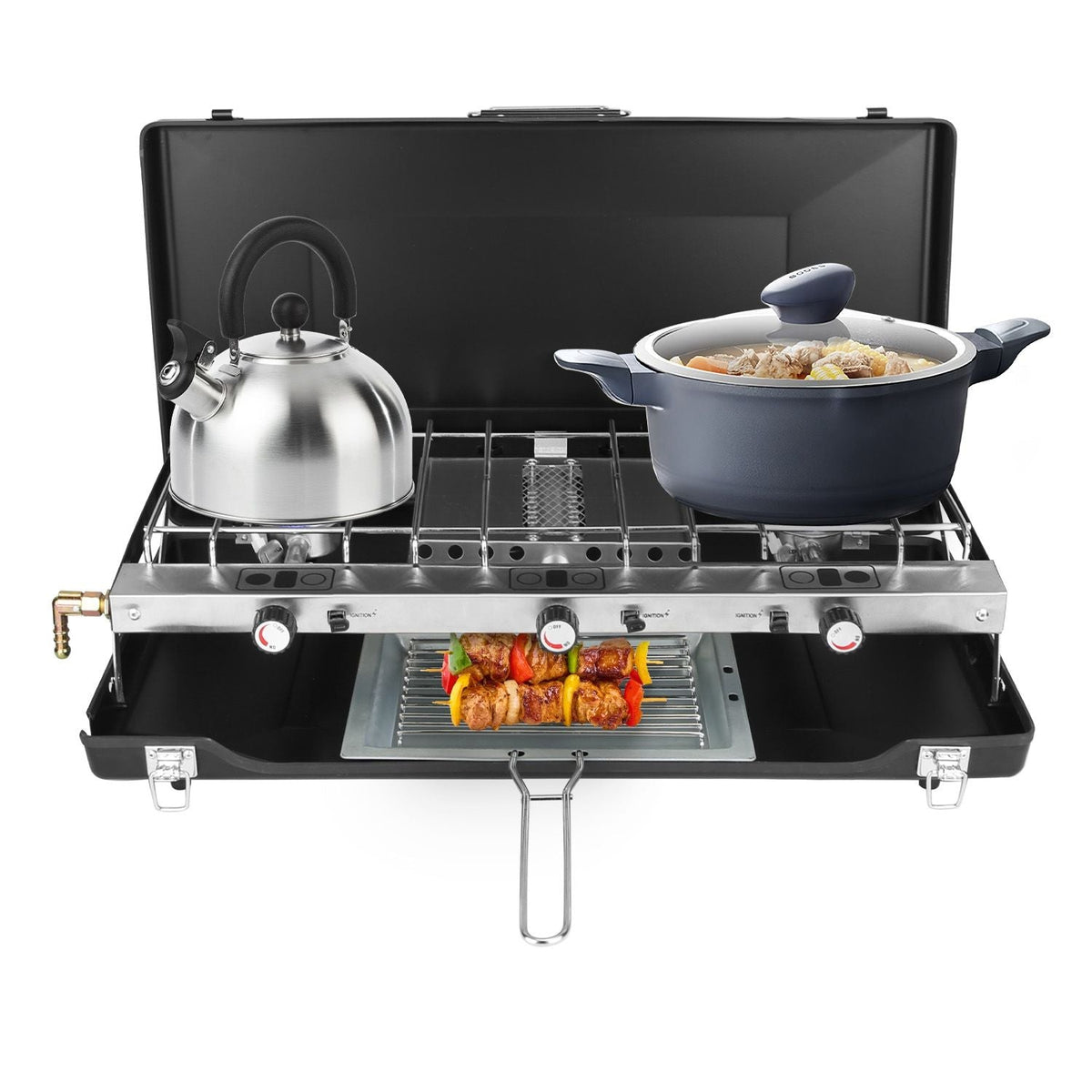 3-Burner Portable Propane Camping Stove with Windshield