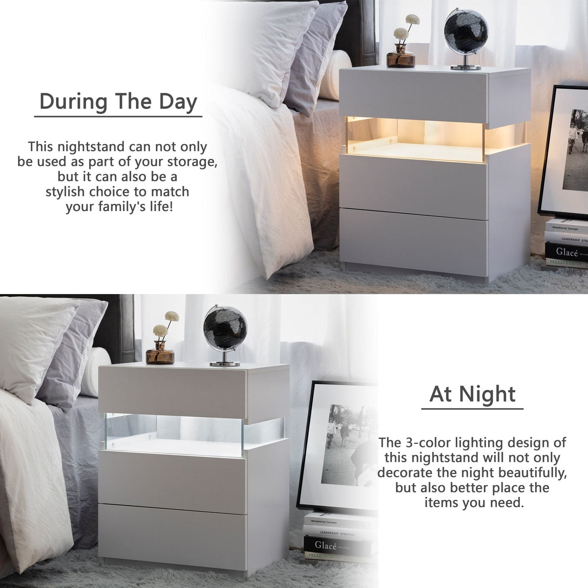 White 3-Drawer LED Nightstand with RGB Lighting