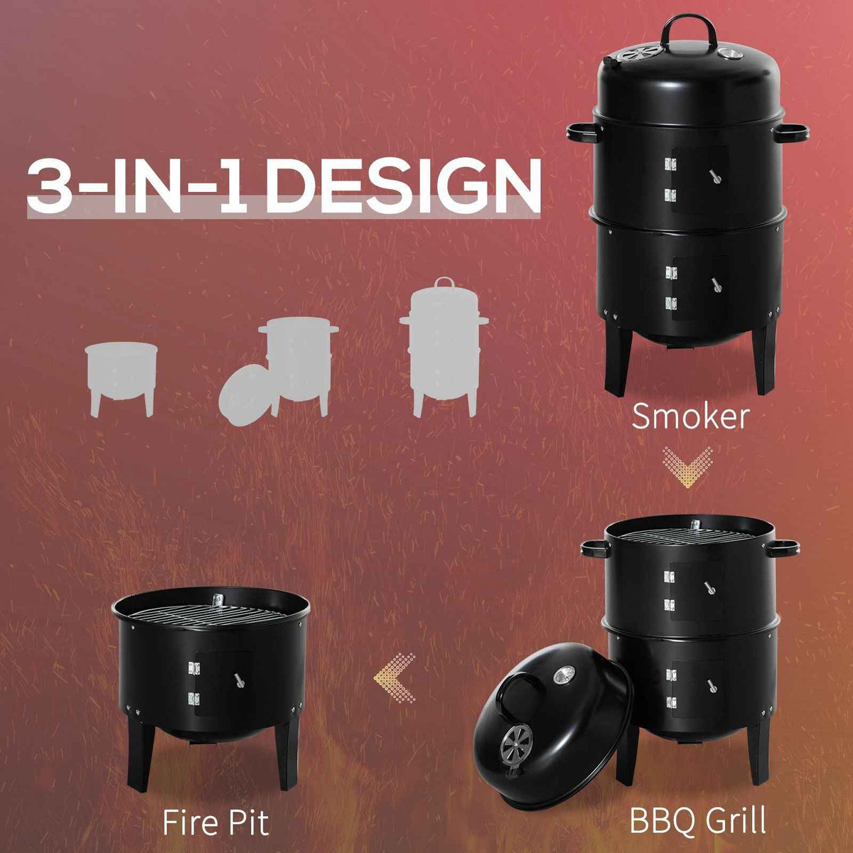 3-in-1 Vertical Charcoal Smoker & Grill