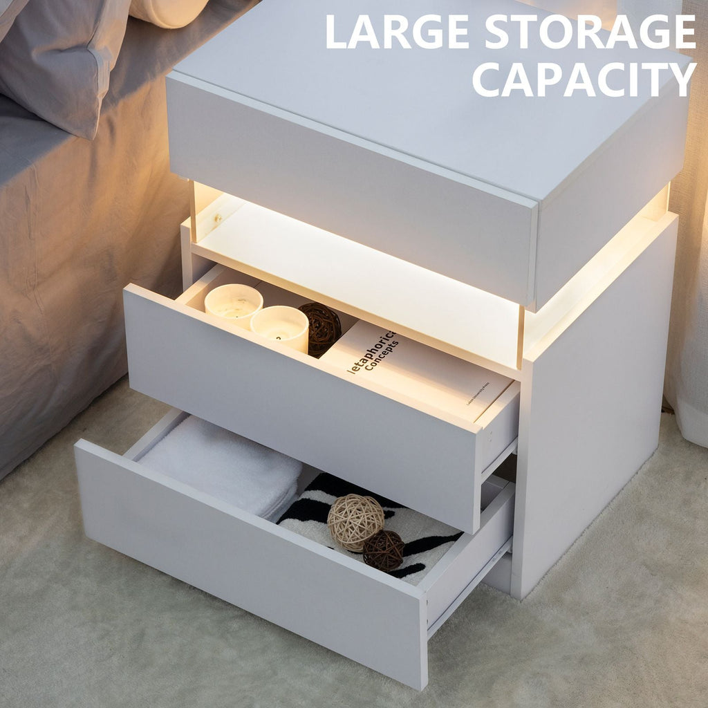 White 3-Drawer LED Nightstand with RGB Lighting