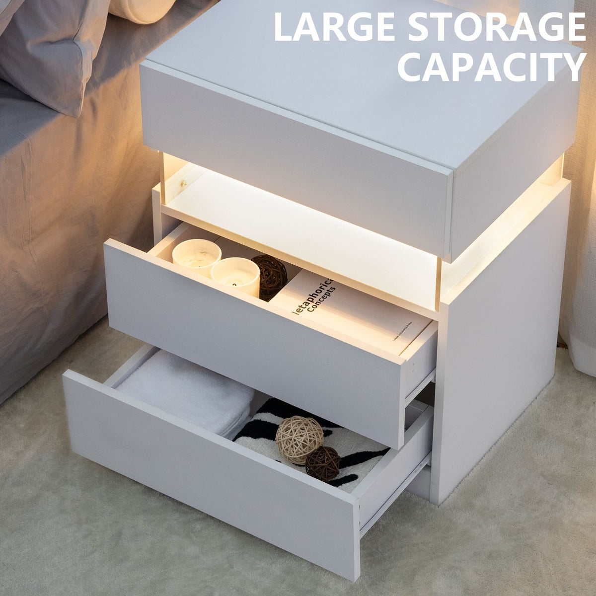 White 3-Drawer LED Nightstand with RGB Lighting