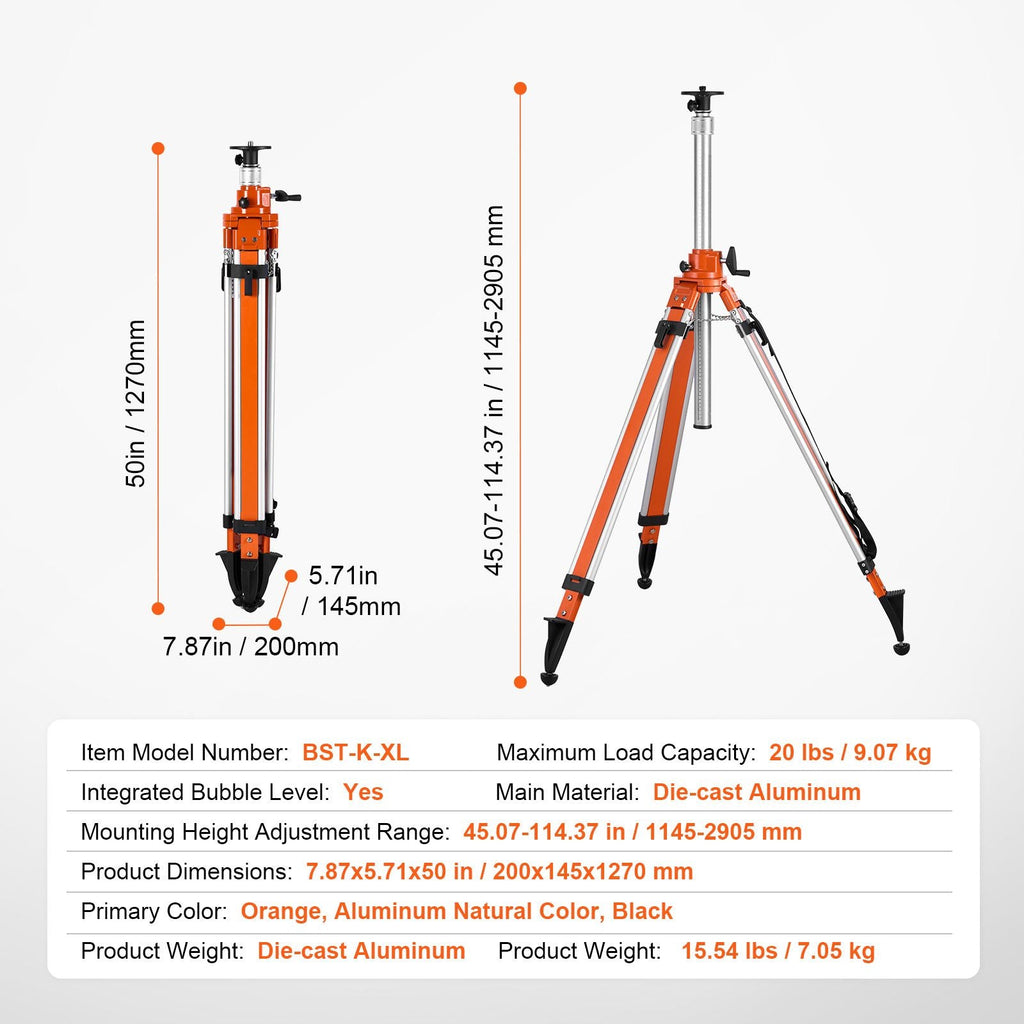 Laser Level Tripod Stand 5/8"-11 Thread Mount 45.07-114.37 in Adjustment Heavy Duty Survey Tripod with Level Bubble & Diffusion Limiter