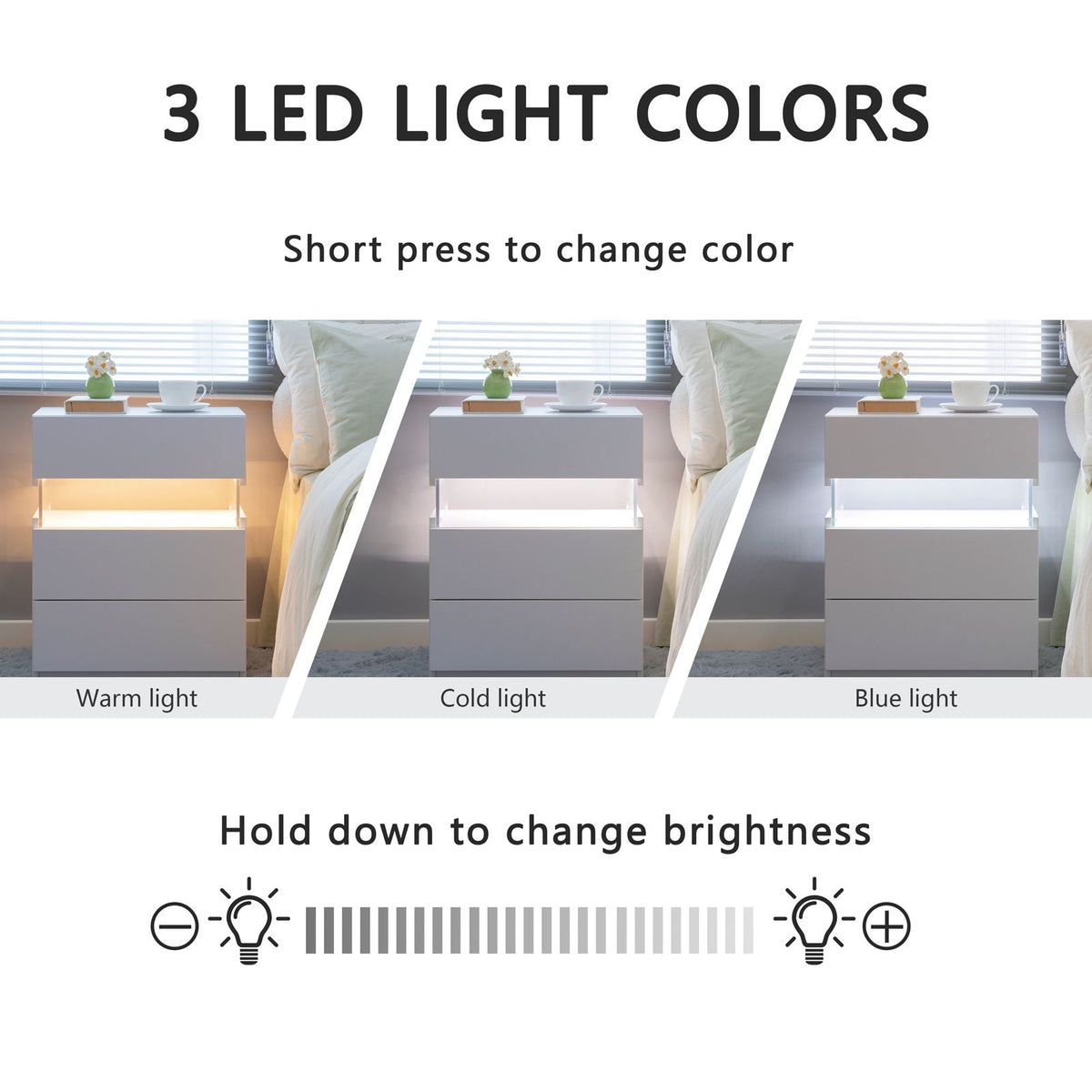 White 3-Drawer LED Nightstand with RGB Lighting