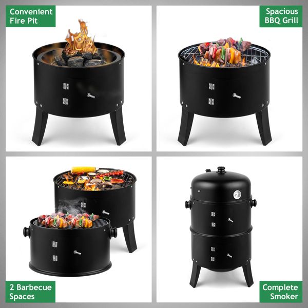 Portable Barrel Charcoal Smoker Grill – Black
