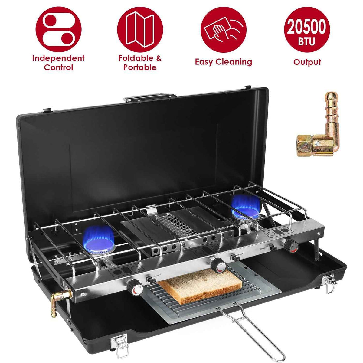3-Burner Portable Propane Camping Stove with Windshield