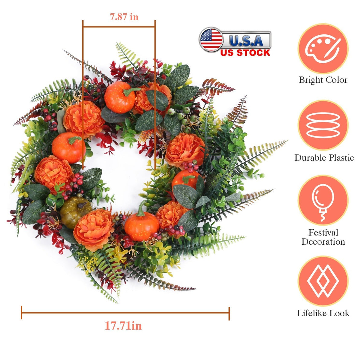 17.71IN Autumn Wreath with Pumpkin Mixed Leaves Berries Flowers Fall Decoration for Indoor Outdoor Window Wall Front Door in Halloween Thanks Giving D
