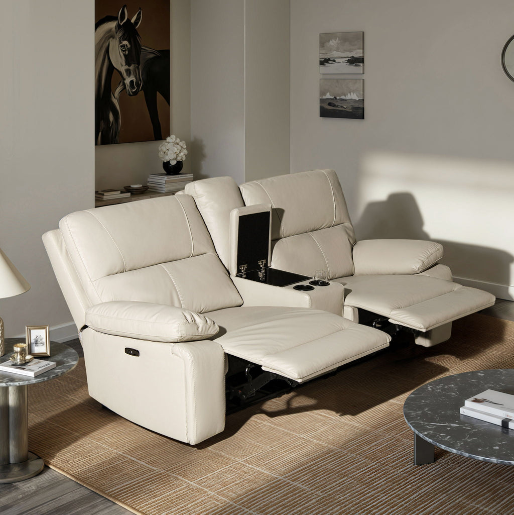 2-Seat Power Reclining Loveseat with Console & Cup Holders – Cream Taupe