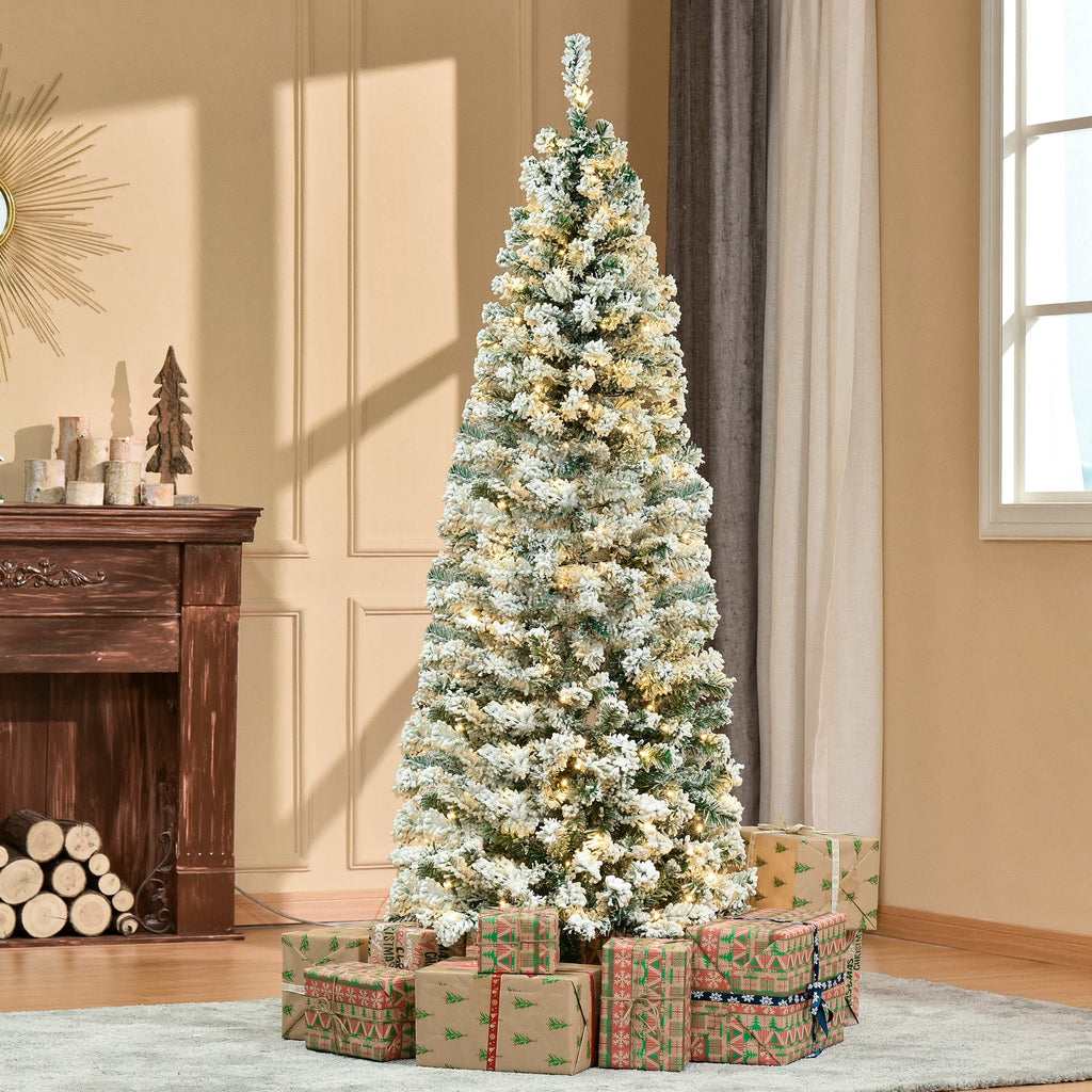 6ft Pre-Lit Snow-Flocked Slim Douglas Fir Christmas Tree with LED Lights
